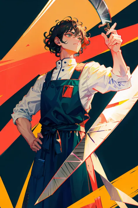 male people、chef、A dark-haired, Knife in hand, perm, Looking Up, Gray Apron， Cyan background、kitchin、