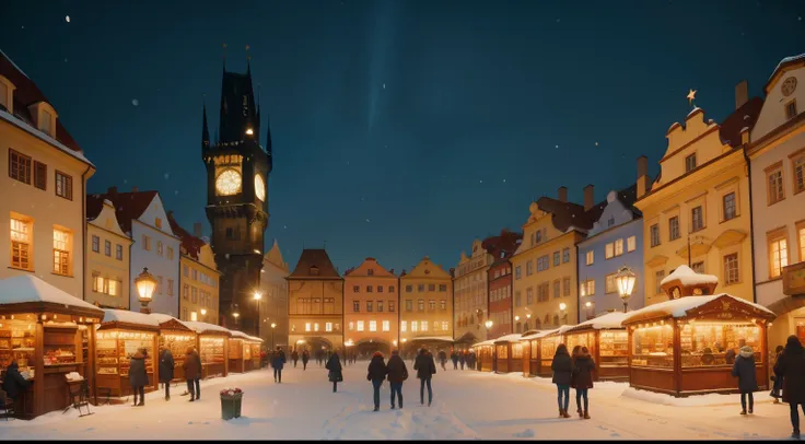 December. Prague, Czech Republic. Old Town Square buzz. Astronomical Clock chimes. Charles Bridge snow-kissed. Mulled wine aroma. Trdelník sweetness. Baroque architecture gleams. Street musicians serenade. Wenceslas Square festive lights. Staroměstské námě...