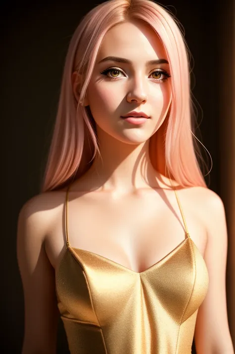 Masterpiece, 22 year girl1.5 , raw image, professional portrait photo of a girl, natural pink skin texture, golden pink silk drees, brown glittery eye,small breast,blond, beautiful gorgeous girl, cyberpunk,  sexy girl, masterart, 4k textures, highly detail...