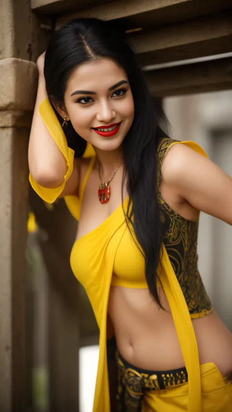 Day scene, close up photo of an indan  from top view, posing under rain,black long hair, wearing yellow black top and red jeans ,hollywood red lips, perfect figure wet navel, seductive boobs, ponytail, necklace, look at viewer and smile, (cinematic:1.3), i...