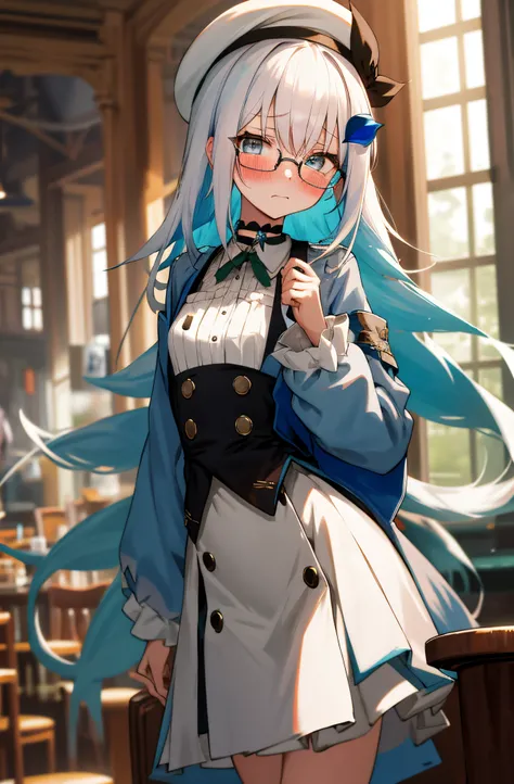 One girl with long hair, white hair, blue inner hair, looking at viewer, embarrassed, blushing, tears, indoor, cafe, jacket, matcha jacket, long sleeves, beret, long skirt, slim, dizzy, choker, mid-chest, wide hips, perfect waist, spread legs, day atmosphe...