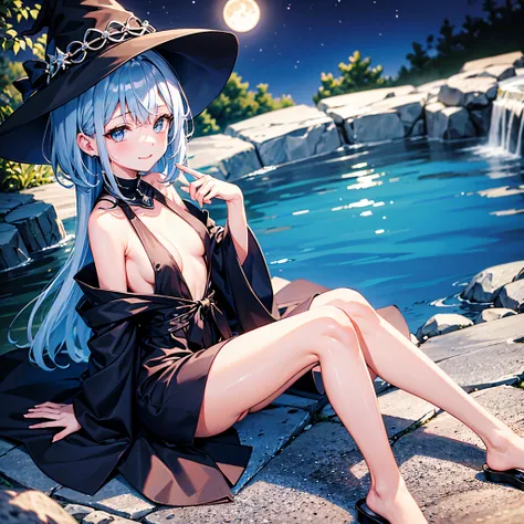 This is an open-air hot spring on a hill with a beautiful view.、Photograph her from above、Oblique view、deep in the night、Small moon and starry sky、You can see the beautiful sea with the moonlight reflecting in the distance.、A 27-year-old small-breasted wom...