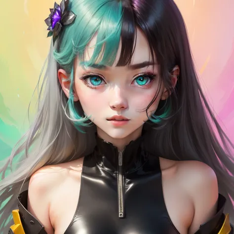 anime shoujo（Heterochromia）（Right eye is red、left eye is purple）Hair is green、Even the clothes are green。
（Shoulder out）sleeveless、
masutepiece,top-quality,1girl in,Bangs,close-up,Closed_Mouth,eyebrows_through gray_Background,greys_Eyes,hair_Bland_Eyes,hai...