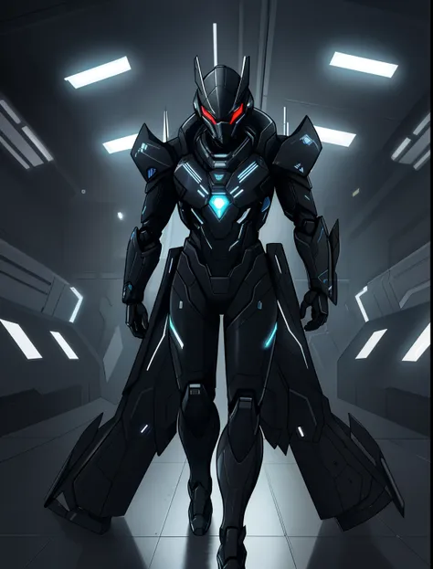 a close up of a robot with a glowing face and a long coat, stealth suit, cyber suit, sci - fi suit, clothed in stealth armor, crysis nanosuit, mecha suit, full body mecha suit, concept armor, futuristic armor, high quality warframe fanart, sharp sleek edge...