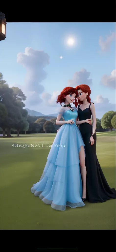 Red head girl with green eyes in a black long dress with long black gloves her best friend with dark brown hair in a Cinderella sparkly light blue long dress with long white gloves