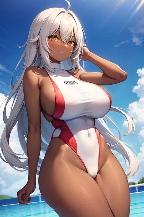 1girl, dark skin, dark body, yellow eyes, white hair, long hair, breasts, huge breasts, thick thighs, wide hips, one-piece swimsuit, competition swimsuit, white swimsuit, (red trim), red trim, pool, light smile, lane line