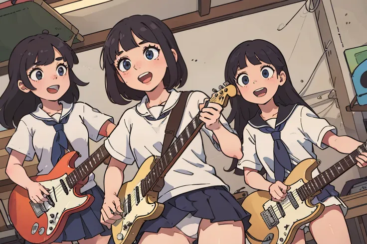 (masterpiece:1.2, best quality), (highly detailed:1.3), 3girls, 14yo, teen, rock band, (white panties), school uniform, play electric guitars, in a garage, sing, having fun, bright, wide angle