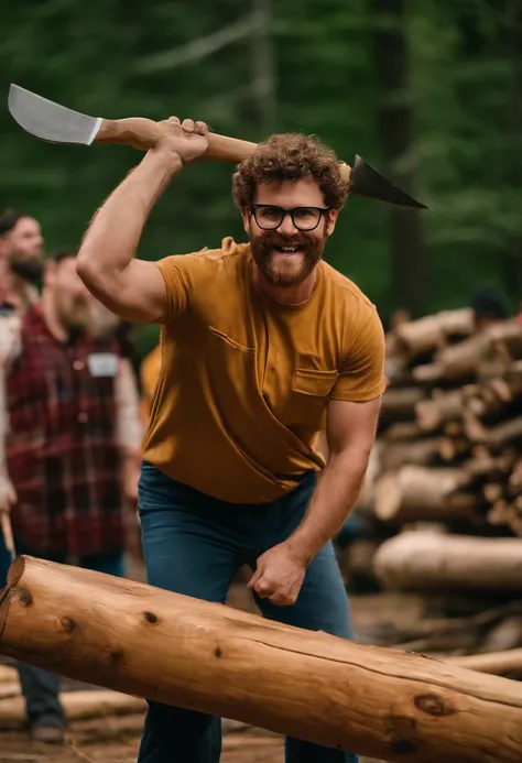 An amusing shot of Greg participating in a lumberjack competition, attempting to chop a log in half with a giant axe,original,greg is 6 foot, white, short curly brown hair, round glasses, slightly narrow face. 7/10 handsome. Well put together.