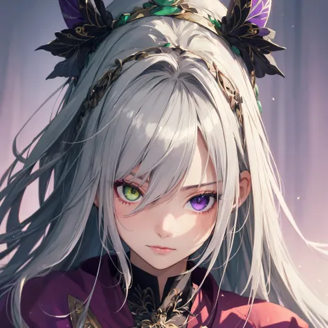 Anime Girl, Heterochromia, (red right eye and purple left eye), Detailed eyes, Best Quality, 

1 girl, Only, hairstyle on、vestments、Green throughout with intricate details （1girll，独奏，Long straight hair，Sharp face，depth of fields，Think left