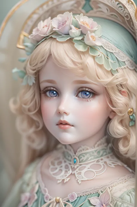 Art Nouveau porcelain doll, delicate detail, High-resolution portraiture, soft pastels, natural lighting