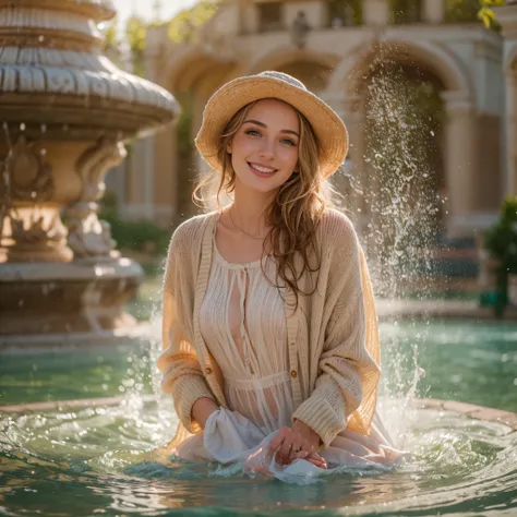 (masterpiece, 8k, best quality:1.2), in the fountain, solo, outdoor, 1girl, 27 yo european, pale skin, smile, looking at viewer, sun dress, woolen cardigan, hat, wet clothes, soaked, wet hair, wet skin, translucent, bright sunshine, soaked heavy clothes