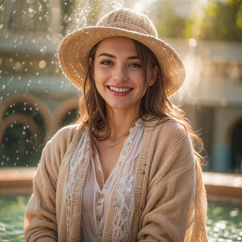 (masterpiece, 8k, best quality:1.2), in the fountain, solo, outdoor, 1girl, 27 yo european, pale skin, smile, looking at viewer, sun dress, woolen cardigan, hat, wet clothes, soaked, wet hair, wet skin, translucent, bright sunshine, soaked heavy clothes