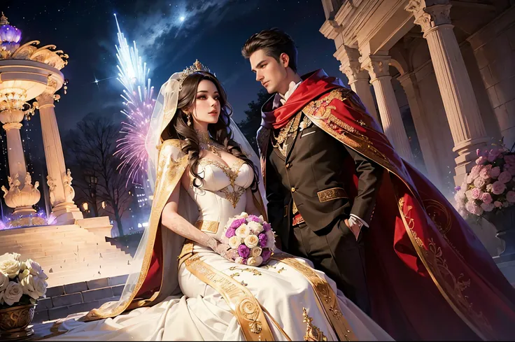 (generate a beautifull bride and a handsome groom, pre wedding photoshoot, holding waist, luxury fountain background, detail luxury wedding gown. flower decoration, (luxury cloak), beautifull night sky with comet on the sky, beautifull scene, beautifull fa...