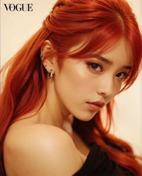 um close up de uma mulher com cabelos e brincos vermelhos, Retrato de Jossi de Blackpink, Retrato Jisoo Blackpink, jossi do blackpink, Jisoo do Blackpink, jisoo do blackpink, Jinyoung Canela, ela tem cabelos longos e redorange, Parque Roseanne do Blackpink...