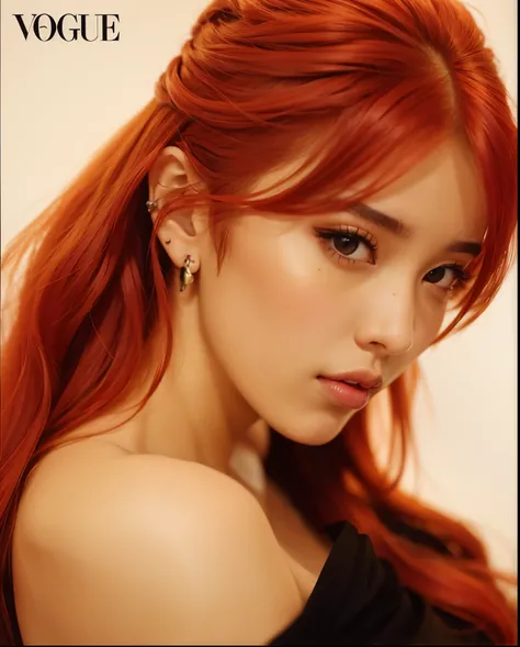 um close up de uma mulher com cabelos e brincos vermelhos, Retrato de Jossi de Blackpink, Retrato Jisoo Blackpink, jossi do blackpink, Jisoo do Blackpink, jisoo do blackpink, Jinyoung Canela, ela tem cabelos longos e redorange, Parque Roseanne do Blackpink...