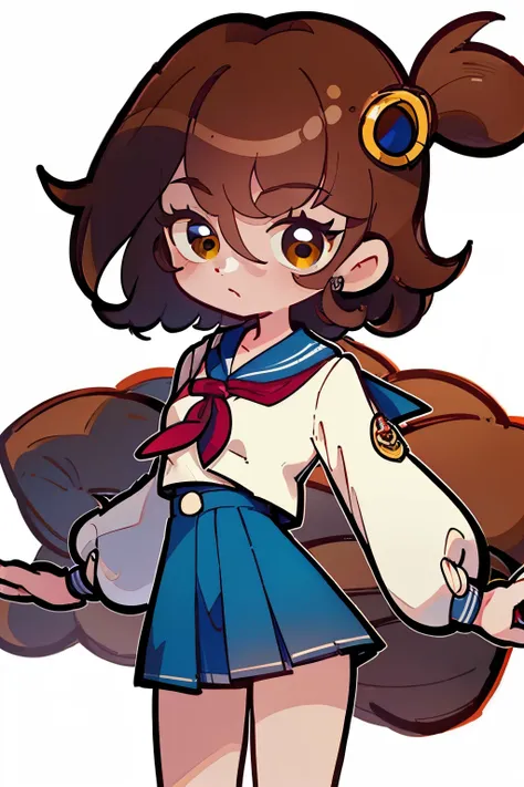 masterpiece, best quality, short brown hair, yellow eyes, wearing a sailor uniform, hair between eyes, locks, wearing a sailor u...