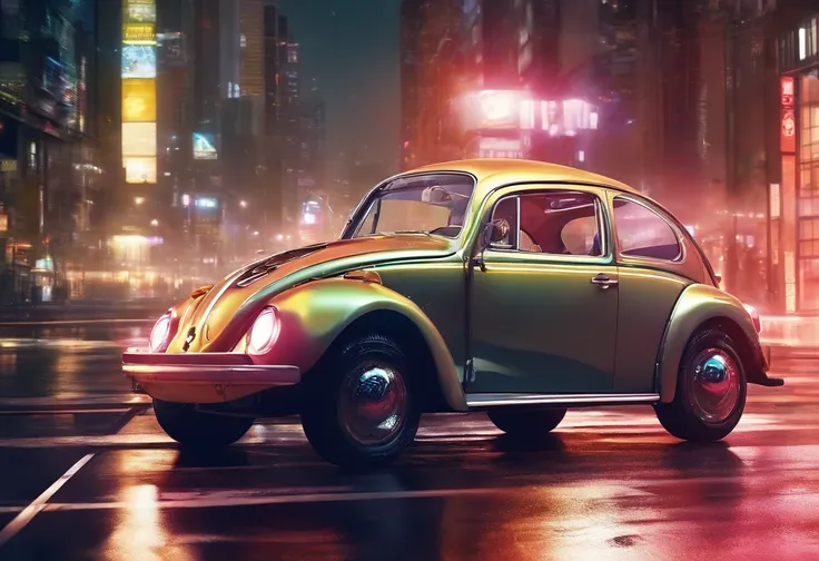 A computer-generated (CGI) rendering of a Volkswagen Beetle driving on a nighttime city street. The car’s headlights illuminate the scene, and elements like a traffic light and fire hydrant add to the realistic atmosphere. The composition follows a 16:9 as...