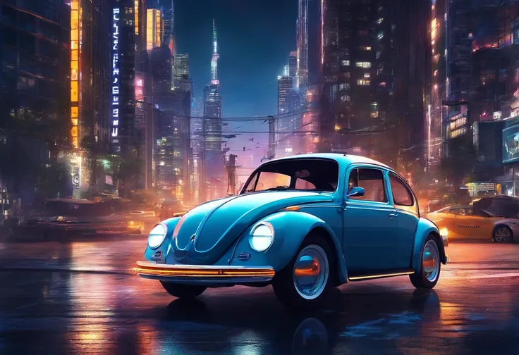 A computer-generated (CGI) rendering of a Volkswagen Beetle driving on a nighttime city street. The car’s headlights illuminate the scene, and elements like a traffic light and fire hydrant add to the realistic atmosphere. The composition follows a 16:9 as...