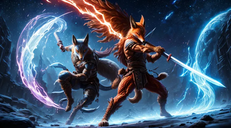 epic mythological battle between 2 characters: one is a tiny determined fox (long tail 1.6) wielding a katana and the other one ...