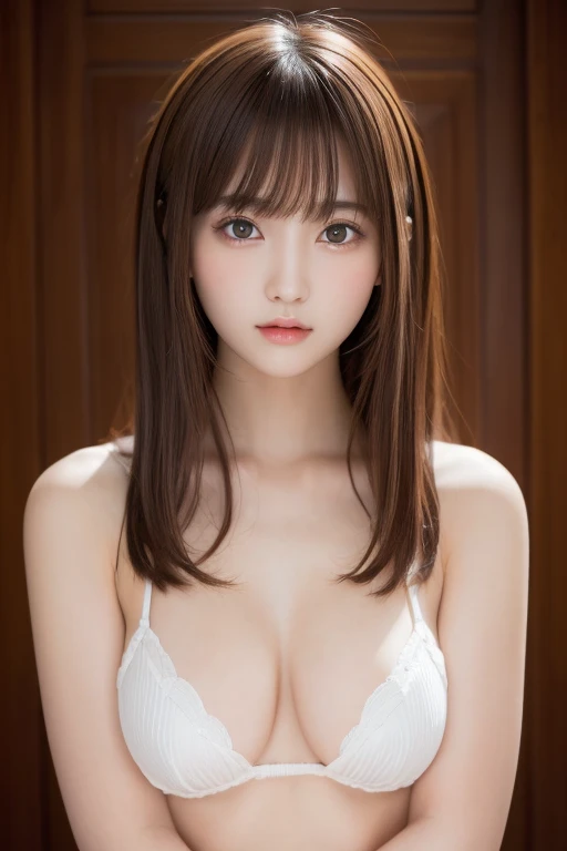 masterpiece, Best Quality, One girl, (Beautiful Girl:1.3), (18 years old:1.3), Very fine eye definition, (Symmetrical eyes:1.3), nsfw, (erotic pose:1.3), beautiful breasts, Brown eyes, Parted bangs, Brown hair