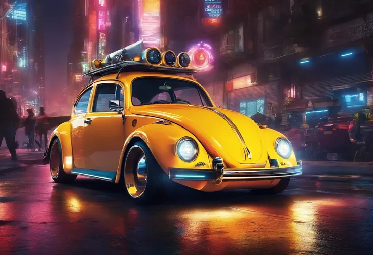 A computer-generated (CGI) rendering of a Volkswagen Beetle driving on a nighttime city street. The car’s headlights illuminate the scene, and elements like a traffic light and fire hydrant add to the realistic atmosphere. The composition follows a 16:9 as...