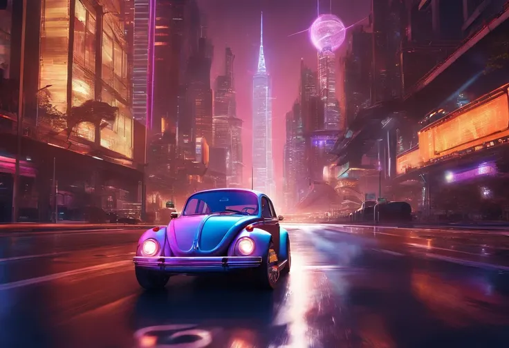 A computer-generated (CGI) rendering of a Volkswagen Beetle driving on a nighttime city street. The car’s headlights illuminate the scene, and elements like a traffic light and fire hydrant add to the realistic atmosphere. The composition follows a 16:9 as...