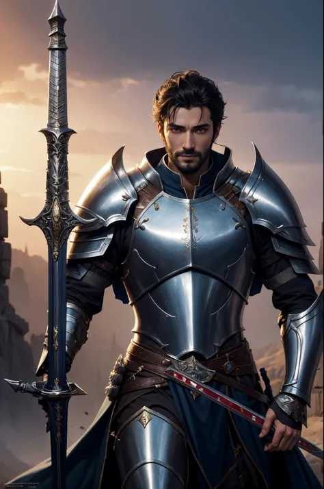 8K,1 male,Arafed image of a man in armor holding a holy sword, Super handsome,Paladin,William H.. Pongilppi, Arsen Lupin as Paladin, wojtek fus, andreas rocha and john howe, ArtGerm Craig Mullins, ArtgermとCraig Mullins, Full armor fantasy holy knight, Attr...