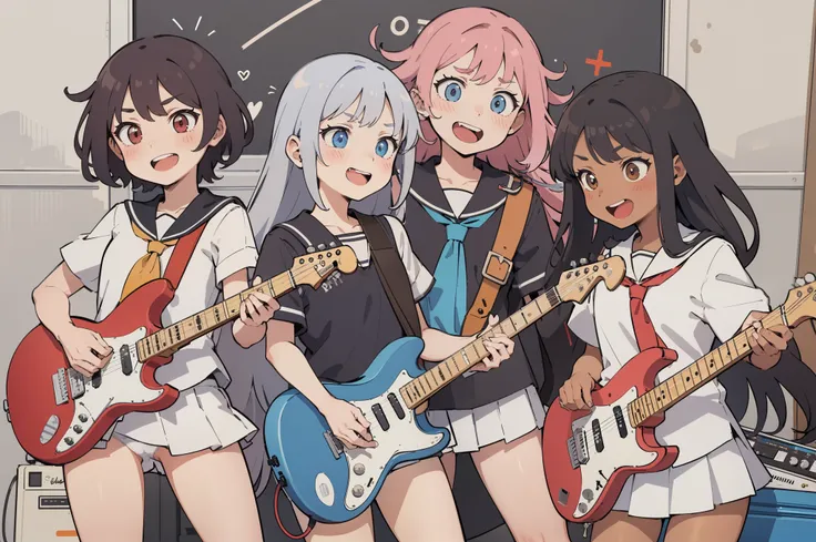 (superflat, flat shading, flat colors), masterpiece, best quality, 3girls, 14yo, teen, rock band, (white panties), school uniform, play electric guitars, in a garage, sing, having fun, bright, wide angle