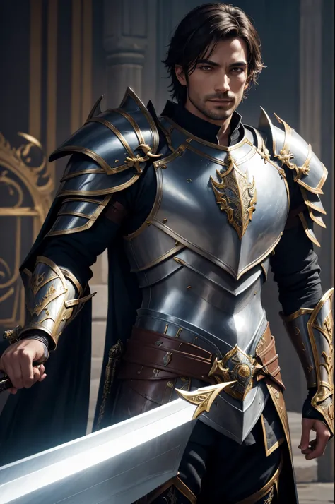 8K,1 male,Araphed image of a man wearing luxurious armor holding a holy sword, Super handsome,Paladin,William H.. Pongilppi, Arsen Lupin as Paladin, wojtek fus, andreas rocha and john howe, ArtGerm Craig Mullins, ArtgermとCraig Mullins, Full armor fantasy h...