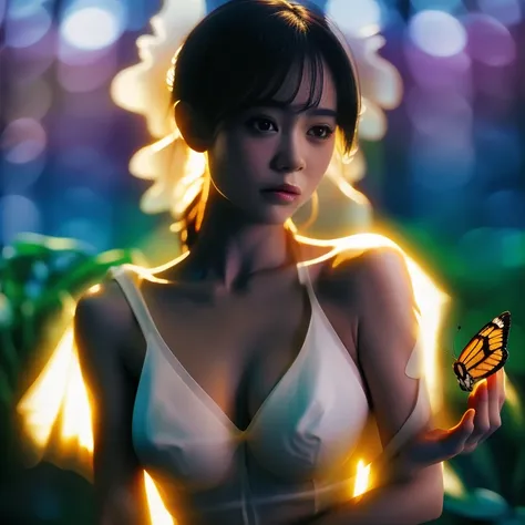 award winning portrait of topless beautiful girl looking at a backlit butterfly, nipples, bokeh, backlit, octane, unreal, epic composition