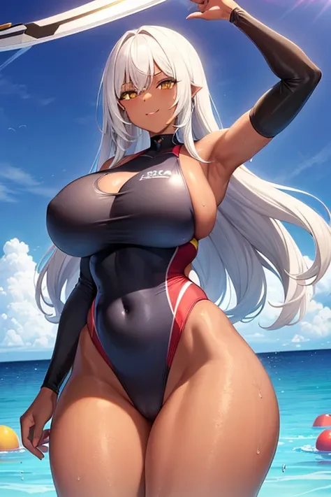 1girl, dark skin, dark body, yellow eyes, white hair, long hair, breasts, huge breasts, thick thighs, wide hips, one-piece swimsuit, competition swimsuit, blue swimsuit, (red trim), red trim, pool, light smile, slingshot, sling swimsuit, slingshot swimsiut