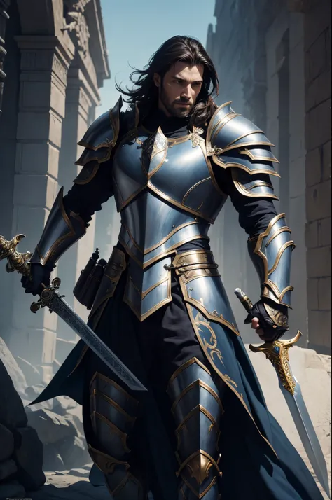 8K,1 male,Araphed image of a man wearing luxurious armor holding a holy sword, Super handsome,Paladin,William H.. Pongilppi, Arsen Lupin as Paladin, wojtek fus, andreas rocha and john howe, ArtGerm Craig Mullins, ArtgermとCraig Mullins, Full armor fantasy h...