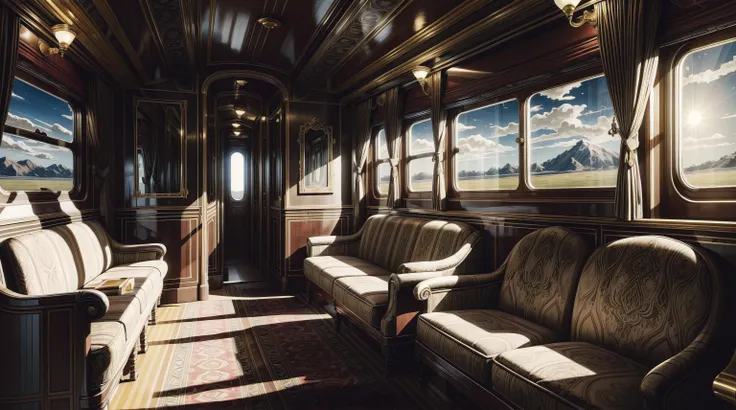 (masterpiece, best quality, ultra-detailed, photorealistic), interior of a fantasy luxurious train coach with an elaborate steampunk theme details, natural lighting, moving train, visible sky outside the window, clean lines, perfect illustration, wes ander...