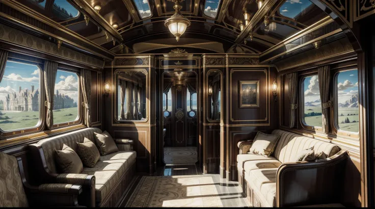 (masterpiece, best quality, ultra-detailed, photorealistic), interior of a fantasy luxurious train coach with an elaborate steampunk theme details, natural lighting, moving train, visible sky outside the window, clean lines, perfect illustration, wes ander...