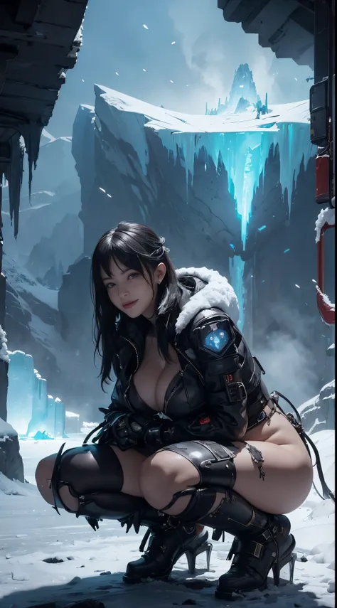 ((nsfw)),((gigantic breast:1)),Cyberpunk, mechanical, broken, there is a picture of a very large iceberg, cyberpunk, mechanical, broken, with a lot of snow, dungeon background, icicle background, arena background, game background, dark dark cave background...