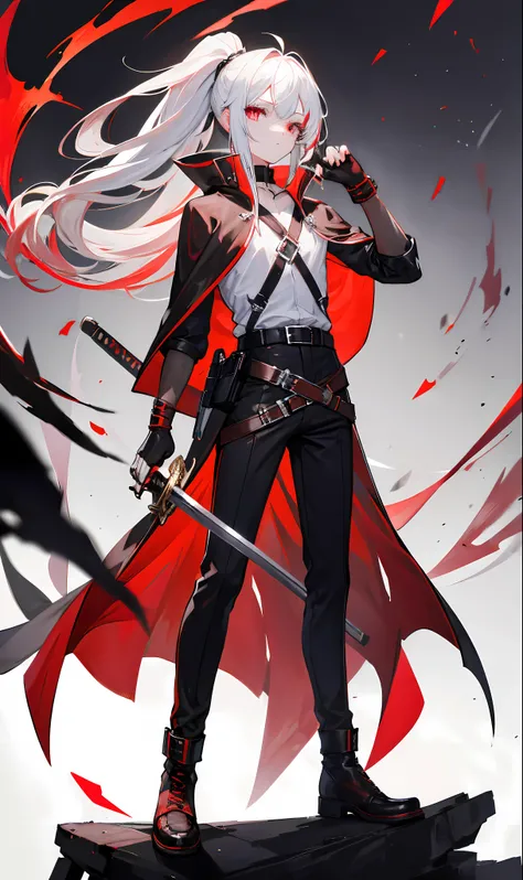 solo, long_hair, looking_at_viewer, red_eyes, gloves, 1boy, holding, full_body, ponytail, weapon, white_hair, male_focus, red_hair, multicolored_hair, boots, black_gloves, belt, pants, sword, fingerless_gloves, cape, holding_weapon, brown_footwear, black_p...