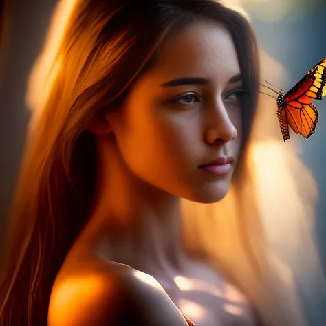 award winning, topless beautiful 18 year old girl looking at a backlit butterfly, nipples exposed, bokeh, backlit, octane, unreal, epic composition