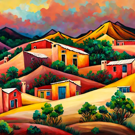 pueblo, tricolor mountain background, flores, sendero de tierra, casitas de adobe, pintura,  colores, intrincadamente detallados, impresionismo, foco nítido,  detalles intrincados, muy detallado.