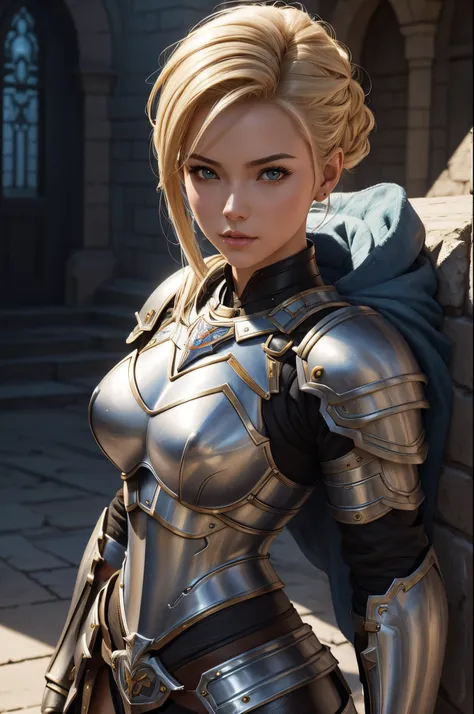 8K,Blonde mohawk girl in armor posing in front of a castle, artgerm julie bell beeple, Portrait of a girl holy knight with very small breasts, Portrait of a girl paladin, Alexandra Fomina Artstation, artgerm portrait, artgerm and wlop, ArtGerm ; 3d unreal ...