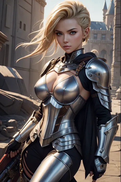 8K,Blonde mohawk girl in armor posing in front of a castle, artgerm julie bell beeple, Portrait of a girl holy knight with very small breasts, Portrait of a girl paladin, Alexandra Fomina Artstation, artgerm portrait, artgerm and wlop, ArtGerm ; 3d unreal ...