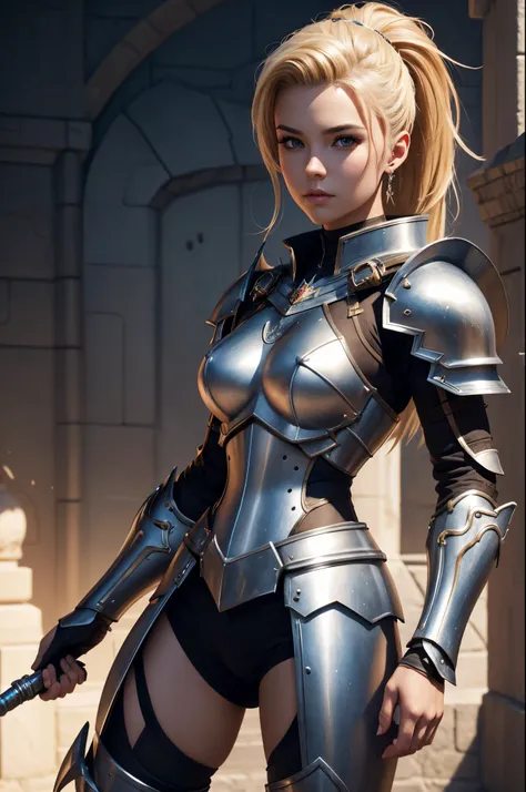 8K,Blonde mohawk girl in armor posing in front of a castle, artgerm julie bell beeple, Portrait of a girl holy knight with very small breasts, Portrait of a girl paladin, Alexandra Fomina Artstation, artgerm portrait, artgerm and wlop, ArtGerm ; 3d unreal ...