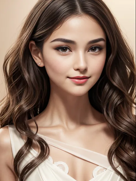 (Masterpiece), (Realistic), (best quality), (8K), ultra detailed, UHD, RAW, Spanish woman, tan:0.2, round face shape, dark brown hair, beautiful realistic wavy curly dark brown hair, dark brown eyes, dark brown almond symmetric beautiful realistic eyes, th...