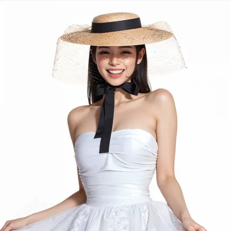 Araffe woman in a white dress and a straw hat, with straw hat, White straw flat brimmed hat, with hat, wearing huge straw hat, wearing wide sunhat, wearing straw hat, Miko, imagem completa, h 7 0 4, h 768, h 7 6 8, ( preto marfim ), jia, straw hat, h 576