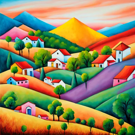 mountain village, tricolor mountain background, cielo, flores, sendero de tierra, casitas de adobe, pintura, tonos pasteles, colores, intrincadamente detallados, impresionismo, foco nítido,  detalles intrincados, muy detallado.