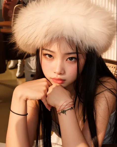 Frayed woman in white hat sitting at a table, jennie blackpink, Retrato de Jossi de Blackpink, menina coreana, Ulzzang, Parque Roseanne do Blackpink, young asian girl, Jaeyeon Nam, jossi do blackpink, Heonhwa Choe, com pelo fofo branco, Jinyoung Canela, Pa...