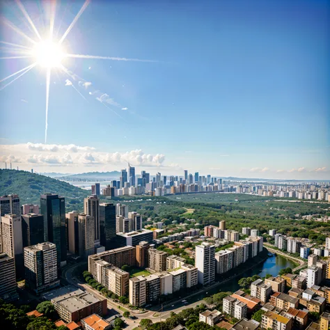 Araffe view of a city with a bunch of tall buildings, pairando sobre uma cidade, urban view in the distance, In Sao Paulo, com uma cidade em segundo plano, favelas, sao paulo in the year 2 0 7 0, arredores da cidade, entire city in view, São Paulo, cidade ...