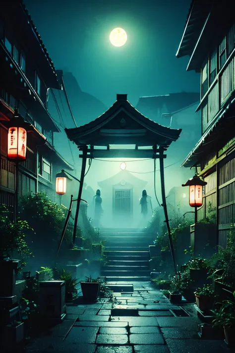 zerostylebg, japanese horror ruins landscape at night,