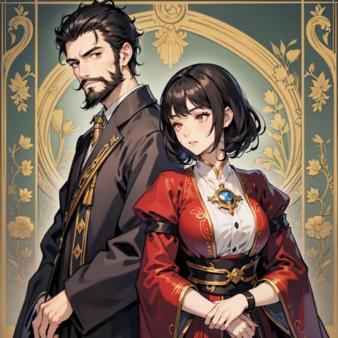 Couple (Tall handsome man) Short beard, Woman short curled black hair (oriental detailed background)castle, nobility, simple clothes, couple posing for photo, tall man