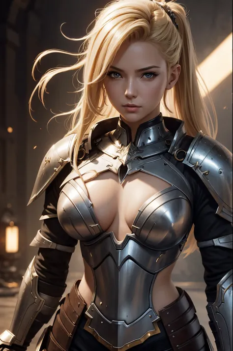 8K,A holy knight girl with blonde mohawk hair wearing a destroyed chest armor., artgerm julie bell beeple, Portrait of a girl holy knight with very small breasts, Portrait of a girl paladin, Alexandra Fomina Artstation, artgerm portrait, artgerm and wlop, ...