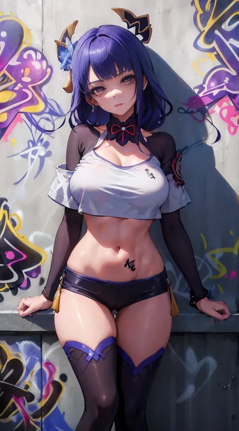 Kujou Sara Genshin Effect, masterpiece, bestquality, 1girls, bara, crop top, choker, (Graffiti:1.5), color splashes, arm behind back, against wall, looking at the audience, bracelet, Thigh strap, Head tilt, bored, multicolored hair, water eyes, headset